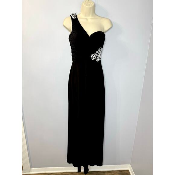 Xscape by Joanna Chen Black One Shoulder Beaded Stretch Gown Prom Women's 4 - Picture 1 of 14